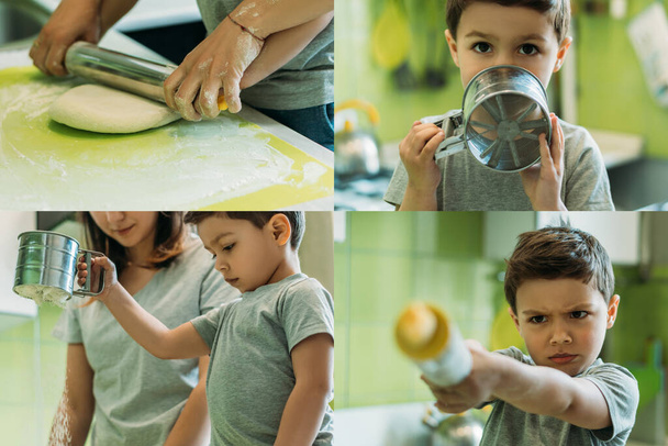 collage of toddler boy and mother cooking in kitchen  - Photo, Image