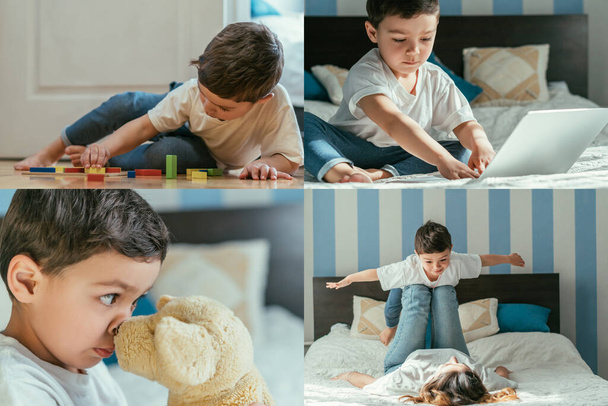 collage of toddler boy with outstretched hands lying on mother, playing with toys and using laptop at home - Photo, Image