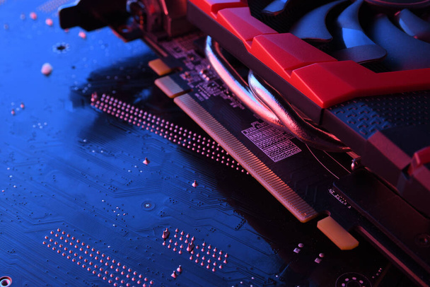 Computerspel grafische kaart, videokaart met twee koelers op printplaat, moederbord achtergrond. Een close-up. met rood-blauwe verlichting. - Foto, afbeelding