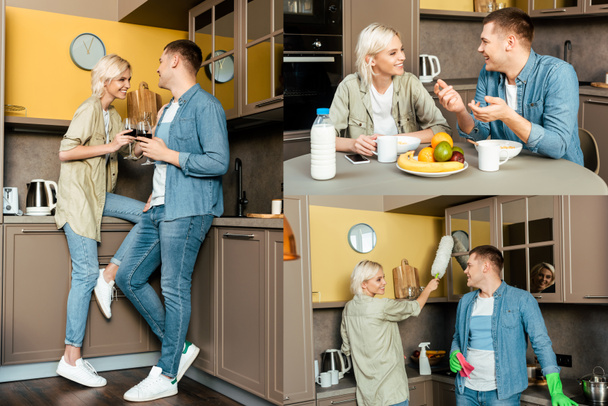 kollázs mosolygós pár eszik reggelit, bort iszik, és csinál ház takarítás a konyhában - Fotó, kép