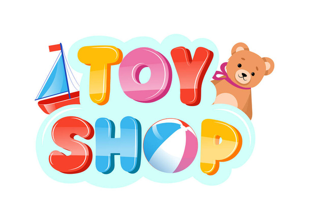 Speelgoedwinkel concept. Mode kleurrijke inscriptie in tekenfilm stijl met uitkijken lachende teddybeer. Design sjabloon voor moderne speelgoedwinkel. Lettertype Design For Toy Shop. Cartoon Flat Vector Illustratie - Vector, afbeelding