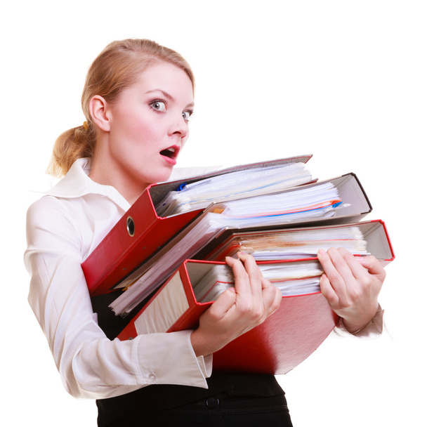 Young overworked business woman holding stack folders documents - Zdjęcie, obraz