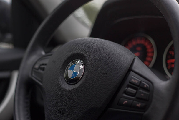 Moscow, Russia - Jule 2019: Close-up wheel of the car "BMW". BMW 320i car interior - 写真・画像