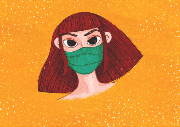 Mujer pelirroja joven que usa mascarilla facial como protección de otras personas durante la pandemia de coronavirus
. - Foto, imagen