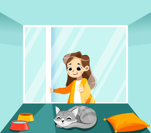Concept Of Animal Shelter And Help Domestic Homeless Animals. Kind Girl Volunteer Going To Adopt Kitten From Animal Shelter, Sleeping Behind Glass Barrier. Cartoon Flat Style. Vector Illustration - Vector, Image