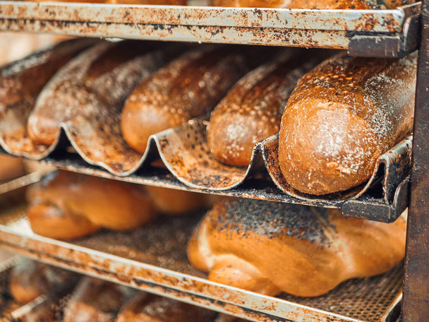 Pan recién horneado en bandejas en un supermercado independiente
. - Foto, imagen