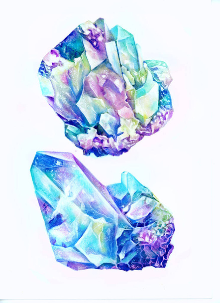 Акварель магические камни, камень, минералы, кристаллы, драгоценные камни мрамор набор изолированы на белом фоне яркий набор. Яркие элементы дизайна. Естественная реалистичная текстура
 - Фото, изображение