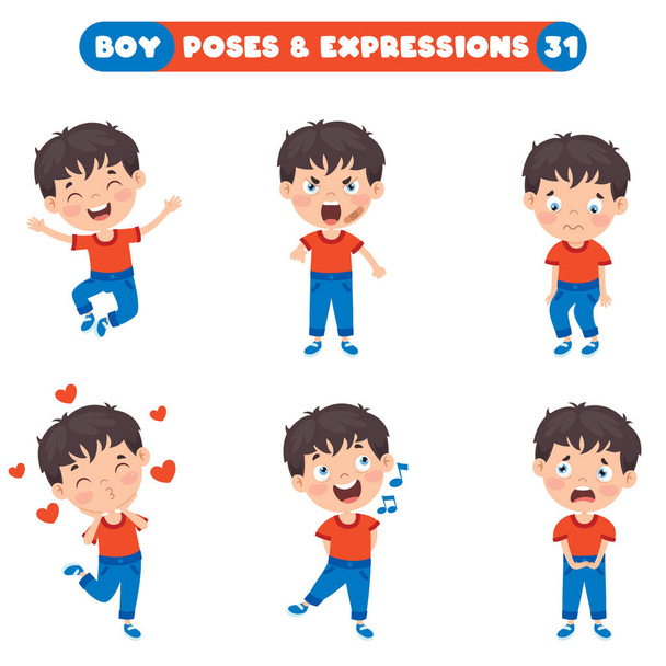 Poses e expressões de um menino engraçado
 - Vetor, Imagem