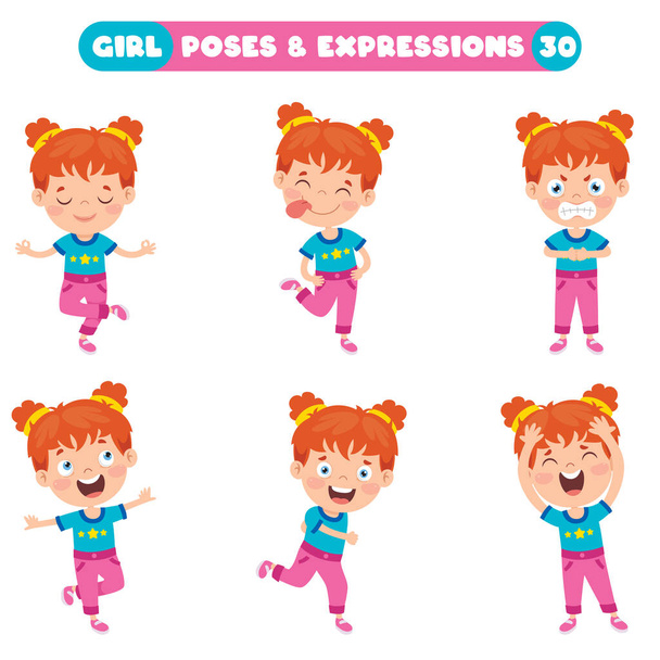 Αφίσες και εκφράσεις ενός αστείου κοριτσιού - Διάνυσμα, εικόνα
