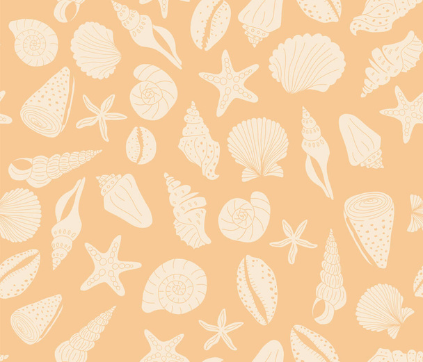 Seashells padrão vetor sem costura coral laranja. Marinha repetindo fundo com conchas e estrelas do mar. Use para tecido de verão, papel de parede, roupa de praia
. - Vetor, Imagem