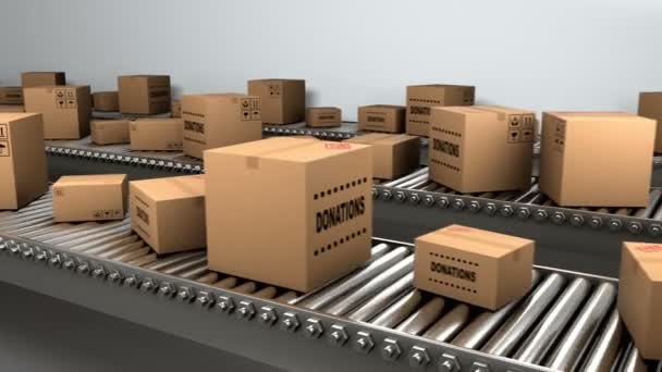 Cinta transportadora transporta cajas de cartón con donaciones, lazo sin costura
 - Metraje, vídeo