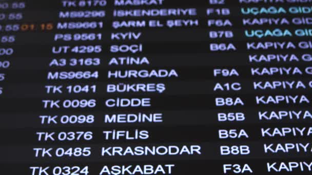 Flughafen-Informationsfahrplan der Abflüge mit Inschriften in englischer und türkischer Sprache. Die gezeigten Informationen ändern sich, neuer Flughafen von Istanbul. Nahaufnahme - Filmmaterial, Video