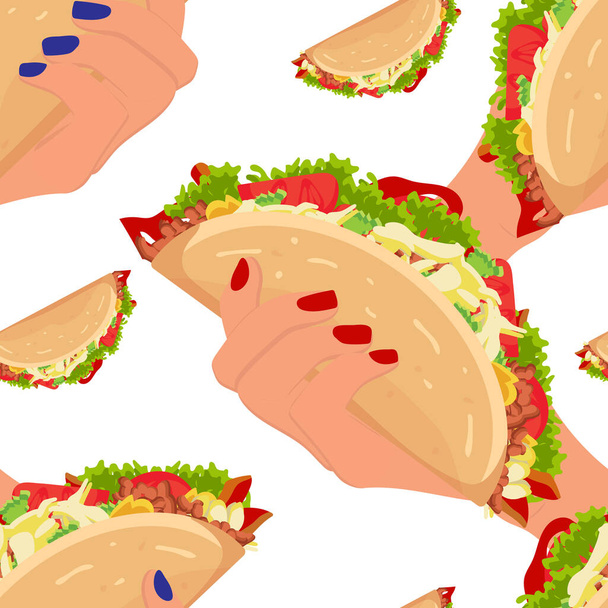 Seamless pattern of cartoon tacos with meat and vegetable in woman's hand. Traditional mexican fast-food with tortilla, leaves lettuce, cheese, tomato, forcemeat, sauce isolated on white background. - Vector, Image