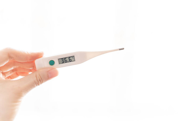 Die Finger einer weiblichen Hand halten ein elektronisches Thermometer mit einer Temperatur von 36,6 Grad auf der Anzeigetafel auf weißem Hintergrund. Gesundheit, Arbeitsbereitschaft, das Ende des Coronavirus. - Foto, Bild
