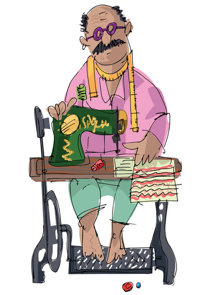 An indian street tailor sews with pedal machine at his work stall. Caricature. Sketch. - Vector, Image