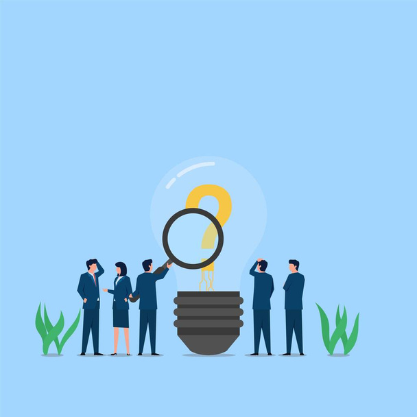 People with magnify analyze lamp with question mark inside. Business flat vector concept illustration. - Vector, Image
