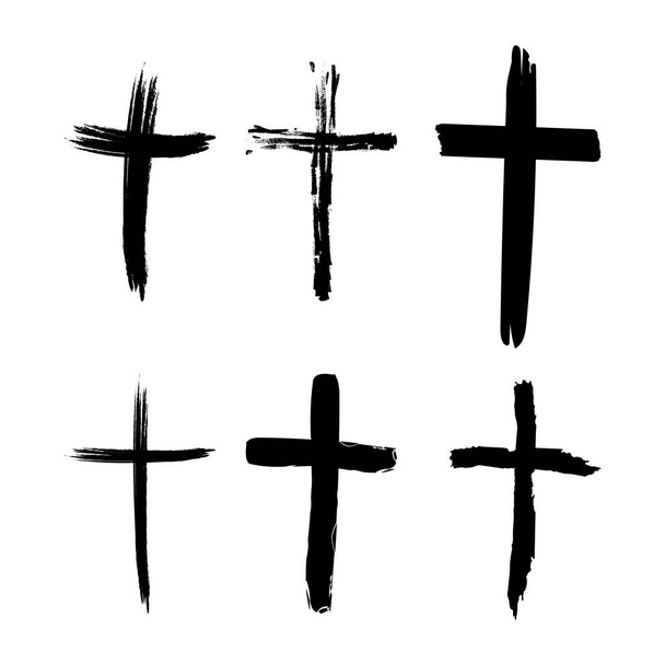 Set of hand-drawn black grunge cross icons, collection of simple Christian cross signs, hand-painted cross symbols created with real ink brush isolated on white background. - Vector, Image