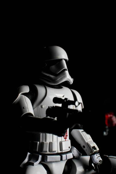 London UK - April 29 2020 - Black and white photo of a storm trooper from Star Wars - Zdjęcie, obraz