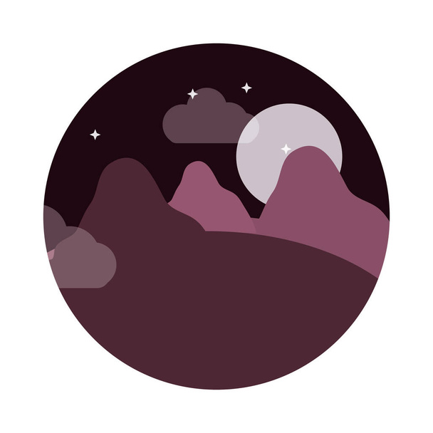 τοπίο φύση φεγγάρι νύχτα αστέρια βουνά πανοραμική επίπεδη στυλ εικονίδιο - Διάνυσμα, εικόνα