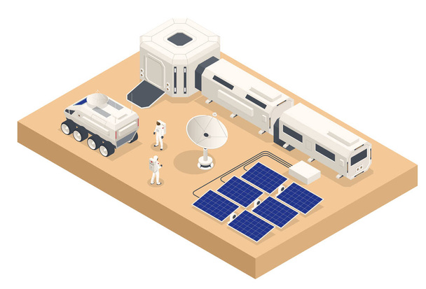 Isometric Mars Colonization, Biological terraforming, Paraterraforming, Adapting humans on Mars. Astronautics, space technology. Communication Center with Residential Compartments, Base Infrastructure - Vector, afbeelding