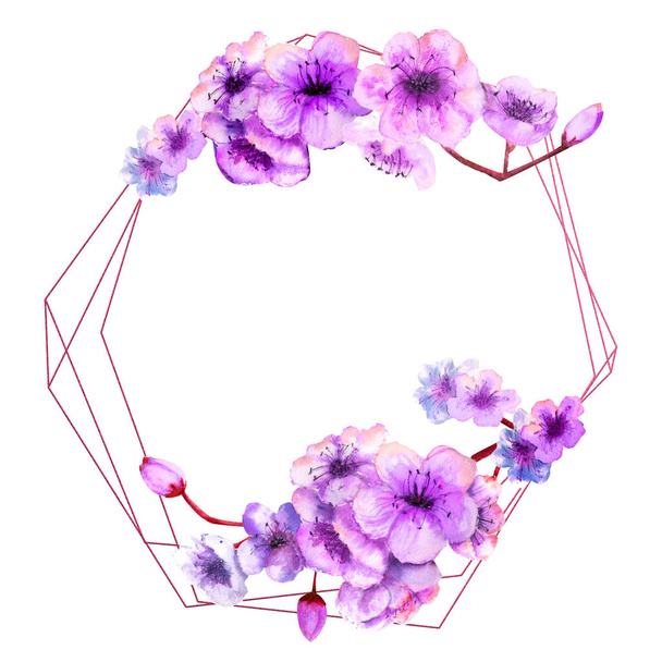 Fiore di ciliegio, ramo di ciliegio con brillanti fiori lilla su una cornice geometrica su uno sfondo bianco isolato. Immagine della primavera. Illustrazione ad acquerello. Elemento di design. - Foto, immagini