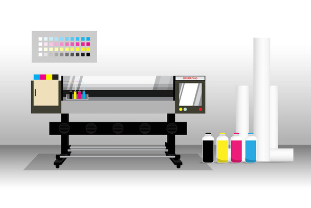 Nagy formátumú nyomtató vagy plotter média tekercsek szürke szobában. Elektronikus eszköz felirat vagy banner készítésére a kereskedelmi reklámüzletágban. rétegvektorral szerkeszthető - Vektor, kép