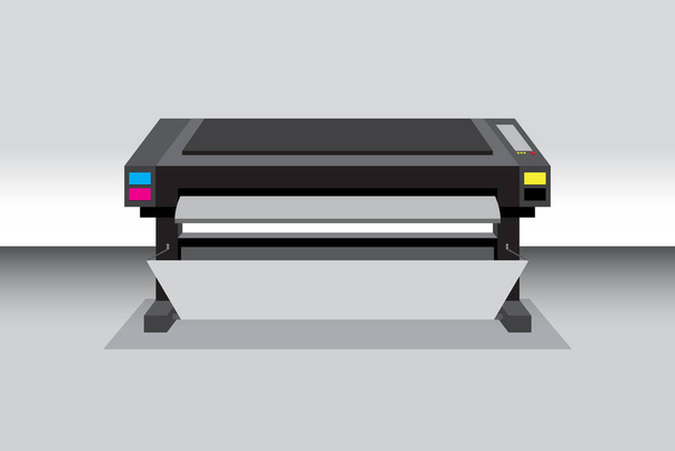 Donkere kleur Middelgroot formaat van grootformaat inkjetprinter of plotter in vector. Details met controller knoppen en cartridge van CMYK inkt. - Vector, afbeelding
