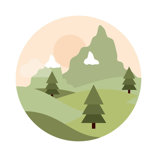 landscape nature snowy mountains pine trees field flat style icon - Вектор,изображение
