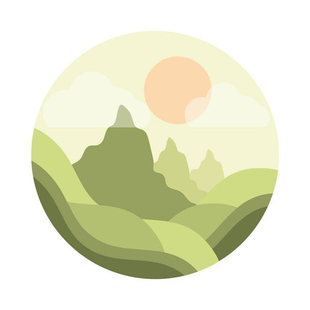 landscape nature sun mountains hills green scene flat style icon - Вектор,изображение