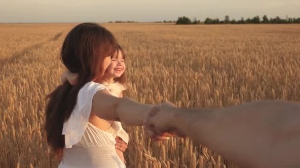 free Happy young family with a child travels in the summer on the field. Healthy mother, father and little girl daughters enjoying nature together, outdoors. Slow motion. come with me hand in hand - Footage, Video
