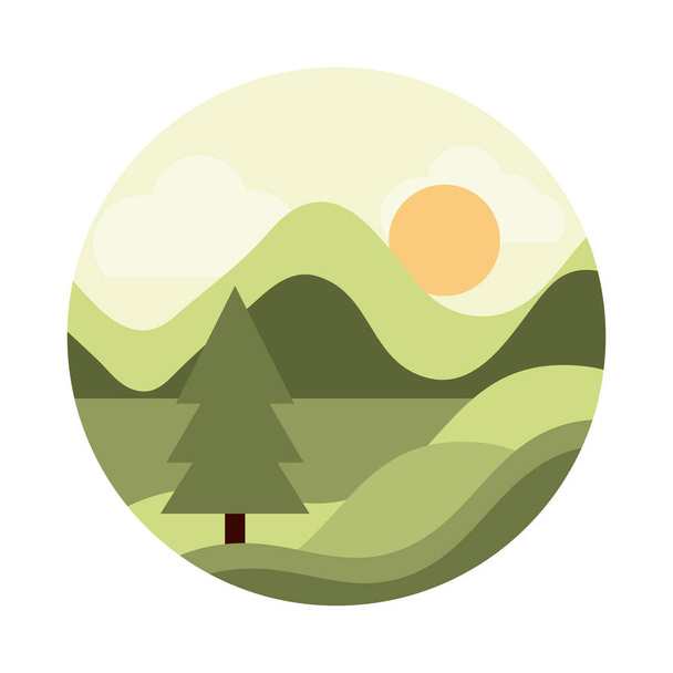 landscape nature hills pine tree sun flat style icon - Vetor, Imagem