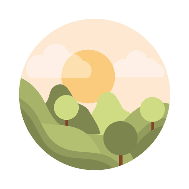 landscape nature mountains round trees forest sun flat style icon - Вектор, зображення