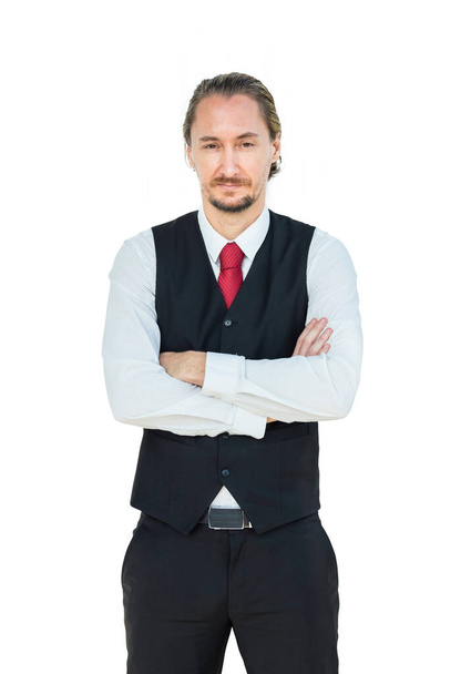 half length of smiling caucasian mid aged mature elegant businessman in suit and tie standing keep arms crossed and looking at camera isolated on white background,Confidence and charisma.  - Valokuva, kuva