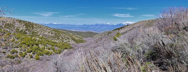 Views of Wasatch Front Rocky Mountains from the Oquirrh Mountains in early spring, Hiking in Yellow Fork trail and Rose Canyon in Great Salt Lake Valley. Utah, United States. USA. - Photo, Image