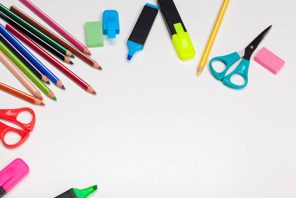 School stationery on a white, back to school background - 写真・画像