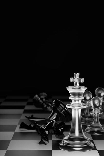 Král čistých bílých šachu učinil šach mat králem černých šachu v tmavě černém pozadí. Koncepce strategického plánování vedení pro vítězství v soutěži obchodních her. 3D vykreslení. - Fotografie, Obrázek