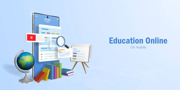 教育オンラインコンセプト、オンライン教育のためのWebバナー、 eラーニング、トレーニングコース、スマートフォンを使用してインターネット上で情報を検索 - ベクター画像