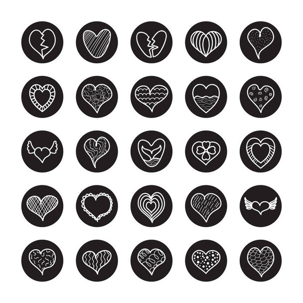 csíkos szív és szív ikon készlet, vonal blokk stílus - Vektor, kép