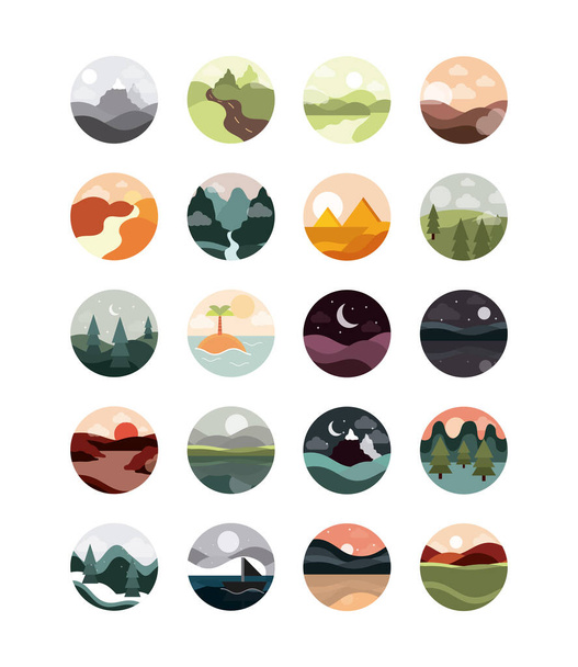 landscape nature mountains ocean and forest in circle icons set flat style icon - Vektör, Görsel