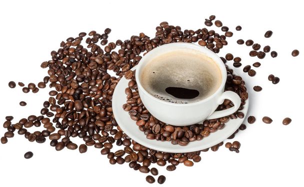 White cup of black coffee with roasted coffee beans - Фото, изображение