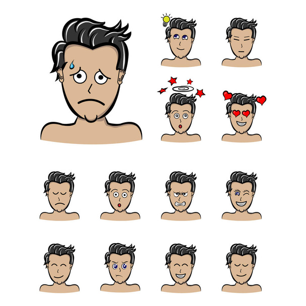 Angst Gesicht Emotionen Malecharakter Angst. Schöner Mann Emoji mit verschiedenen Gesichtsausdrücken. Vektorillustration im Cartoon-Stil - Vektor, Bild