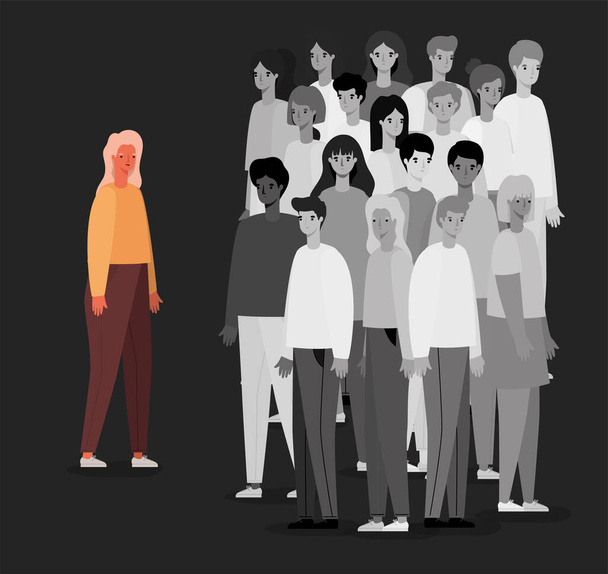 Mujer avatar en color y el grupo de personas en blanco y negro que representa el diseño de vectores de distanciamiento social
 - Vector, imagen