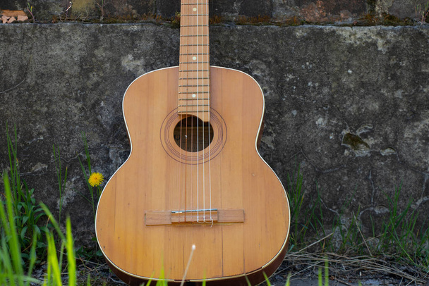 hölzerne braune Gitarre liegt auf einem Feldweg auf der Straße im Frühlingsgras - Foto, Bild