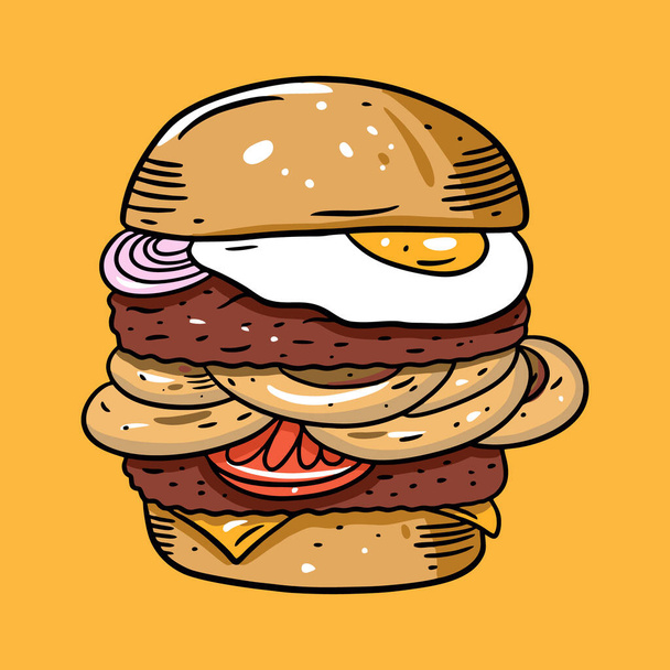 Kaksinkertainen hampurilainen muna, tomaatti ja sipuli renkaat taikina. Värikäs vektori kuvitus sarjakuva tyyliin. Eristetty keltaisella pohjalla
. - Vektori, kuva