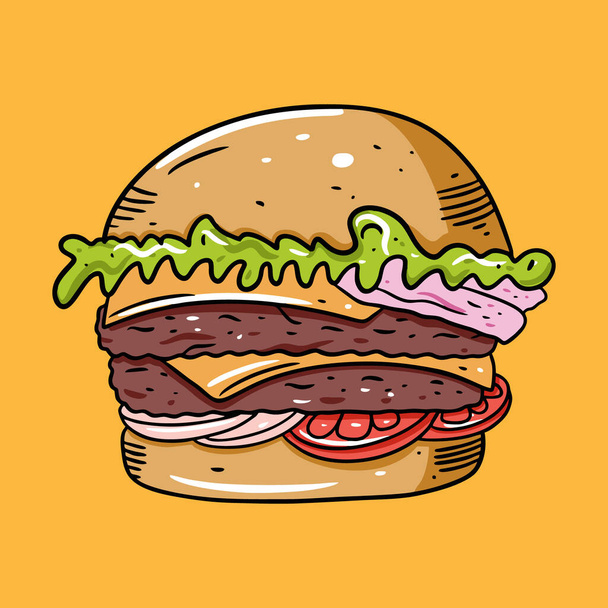 Dvojitý hamburger. Barevná vektorová ilustrace v plochém kresleném stylu. Izolováno na žlutém pozadí. - Vektor, obrázek