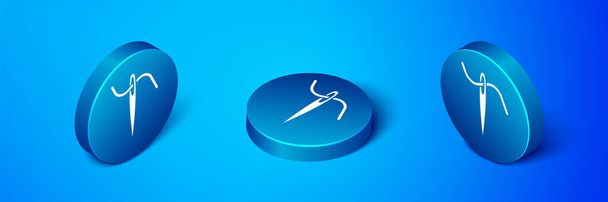 Isometric Needle for sewing with thread icon isolated on blue background. Tailor symbol. Textile sew up craft sign. Embroidery tool. Blue circle button. Vector Illustration - Vector, Image