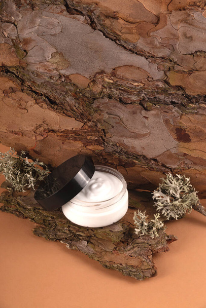 Cream for the face on the bark of a tree. Natural care concept. - Photo, Image
