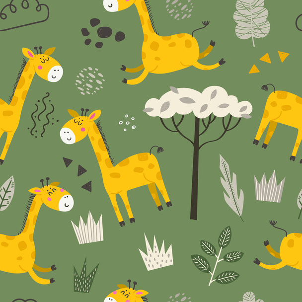 Seamless pattern with cute giraffes. Cartoon design for clothing, nursery wall art and wallpapers - Вектор,изображение