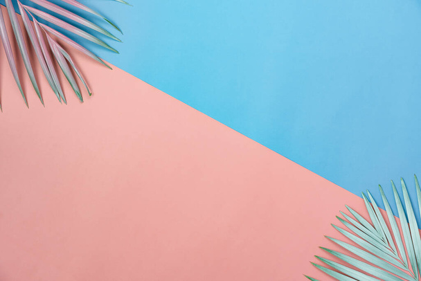 Table top view aerial image of summer season holiday background concept.Flat lay coconut or palm colorful leaf on modern rustic pink & blue paper pastel backdrop.space for creative design mock up. - 写真・画像