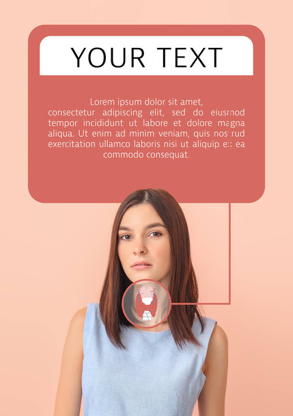 Жінка з проблемою щитовидної залози на кольоровому фоні з простором для тексту
  - Фото, зображення